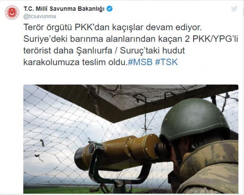 Suriyadan qaçan 2 PKK-lı Türkiyəyə təslim oldu